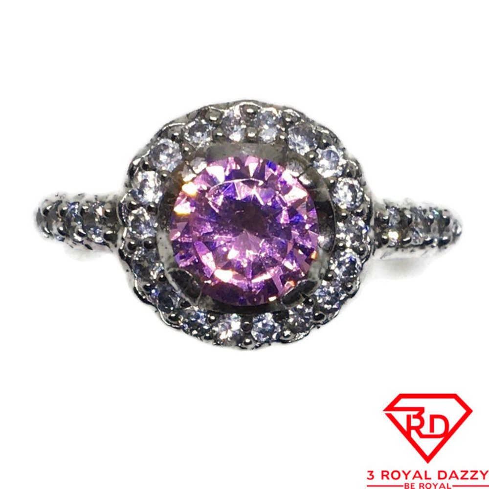 Halo Pink Round CZ White gold on silver Ring S8